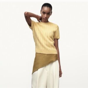 ZARA Wool Yellow Crewneck Short Sleeve Cable Knit Sweater